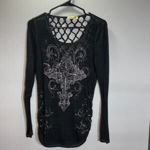 Davina Women’s Bling Cross Shirt Black Rhinestone Lattice Cutout Top NO SIZE TAG